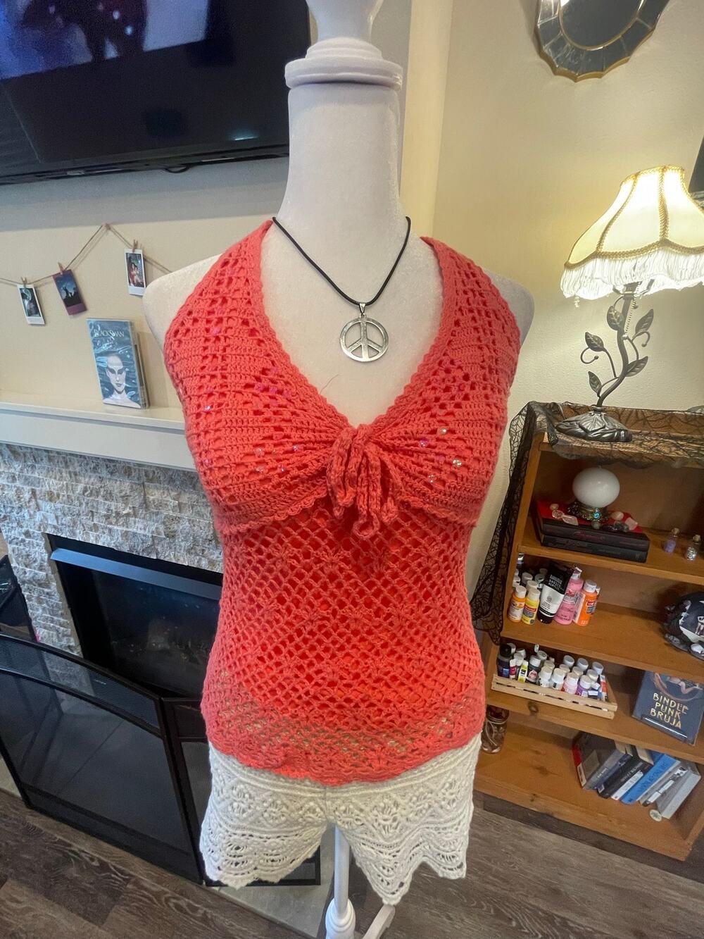 salmon pink crochet and sequin true vintage halter top